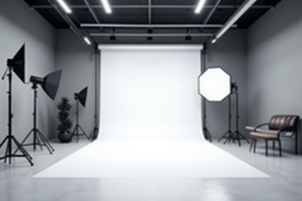 Ambiente de estúdio fotográfico profissional com equipamentos de iluminação
