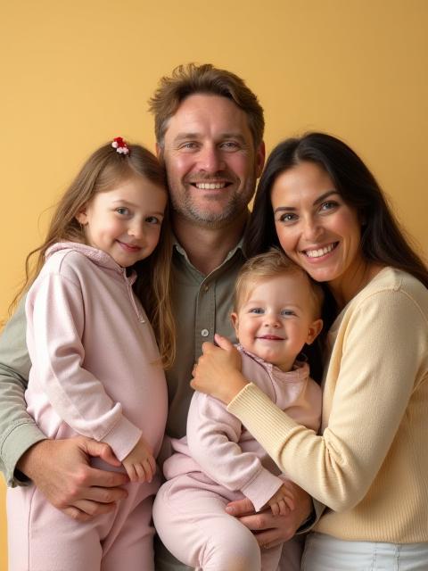 Exemplo de fotografia de família sorrindo durante sessão em estúdio
